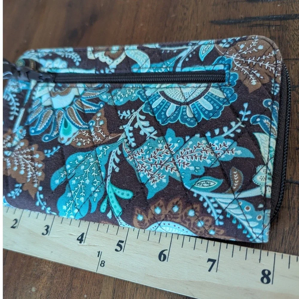 Vera Bradley Zip Around Wallet Teal Brown Paisley Floral Cotton Quilted Slim
